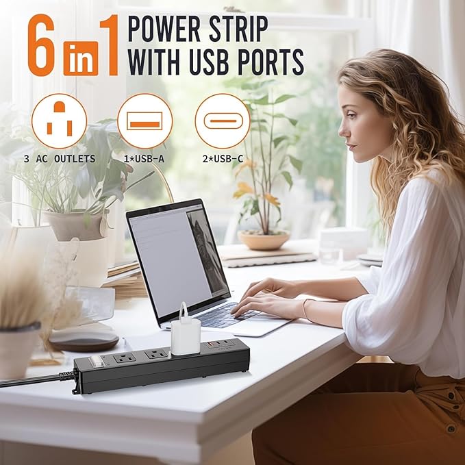 IPX6 Outdoor Power Strip Weatherproof, Waterproof Surge Protector with 3 Wide Outlet with 1A2C USB Ports, 10FT Long Extension Cord, Wall Mountable for Outside Decorations and More UL Listed(Black)-DeskLoop Office
