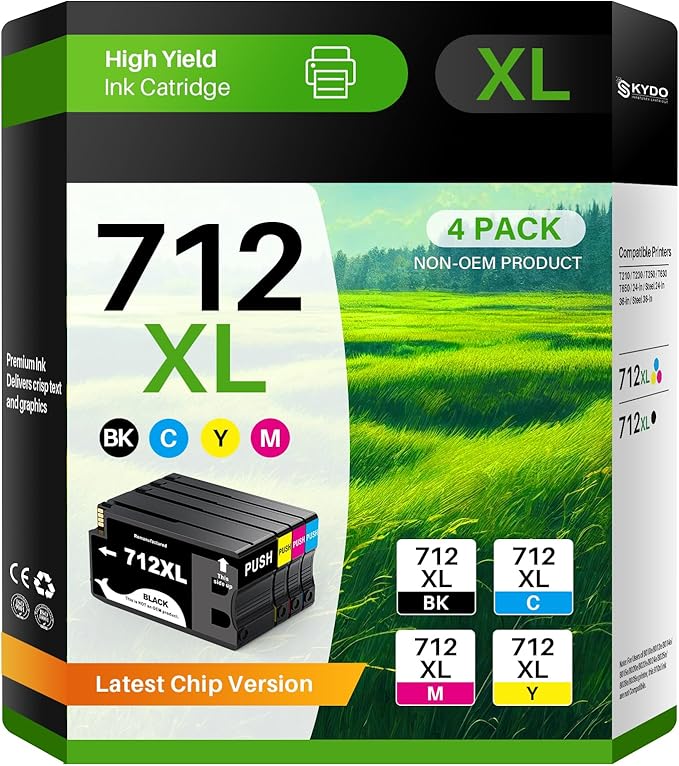 712XL 712 Ink Cartridge Remanufactured Combo 4 Pack Replacement for HP 712XL 712 712 XL Ink Cartridge to Use for DesignJet T650 T250 T230 T630 T210 Studio Plotter Printer (BK/C/M/Y, 4 Pack)-DeskLoop Office
