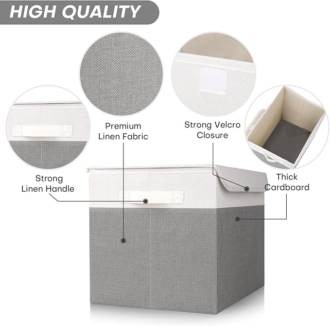 Large 22 Quart Linen Fabric Foldable Storage Bin Cube Organizer Basket with Flip-Top Lid & Handles, Clothes Blanket Box for Home, Office, Closet, Gray & White, 4 Pack 14.6 x 9.5 x 9.5”-DeskLoop Office