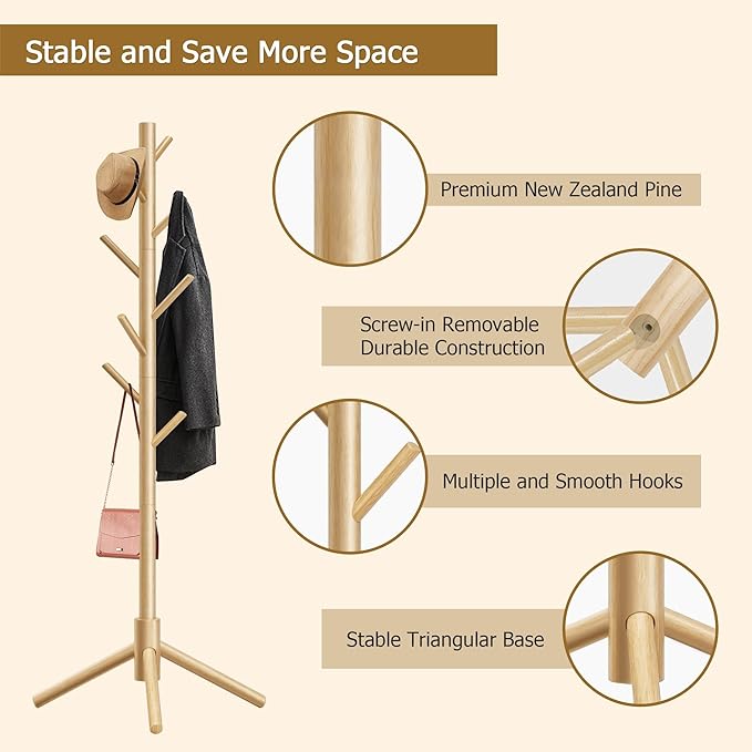 Wooden Coat Rack, Free Standing Coat Rack with 8 Hooks 3 Adjustable Heights for Clothes, Hats, Handbags, Coat Tree Easy Assembly for Entryway, Bedroom, Hallway, Office (New Nature)-DeskLoop Office