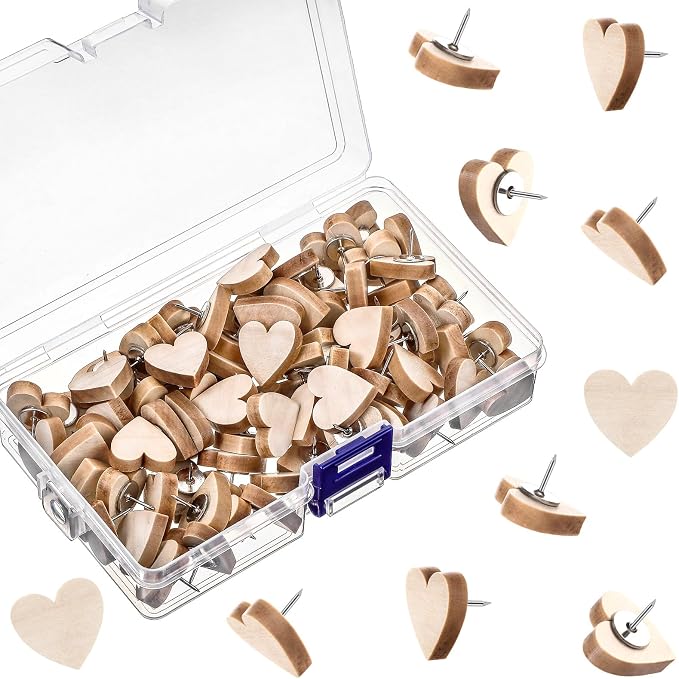 Sawysine 80 Pcs Wood Push Pins, Hearts Cute Thumb Tacks Decorative Push Pins by Sawysine
