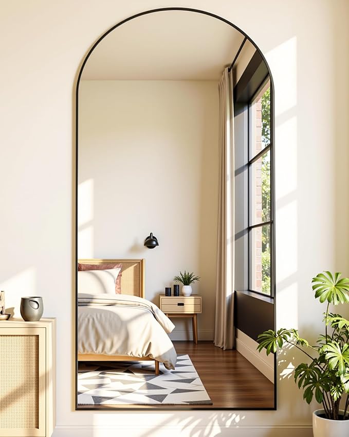 Full-Length Floor Mirror with Stand, 78"x38" Arched Style Full Body Standing Mirror for Bedroom, Living Room, Gym, Dorm - Shatter-Resistant & Easy Assembly, Black-DeskLoop Office