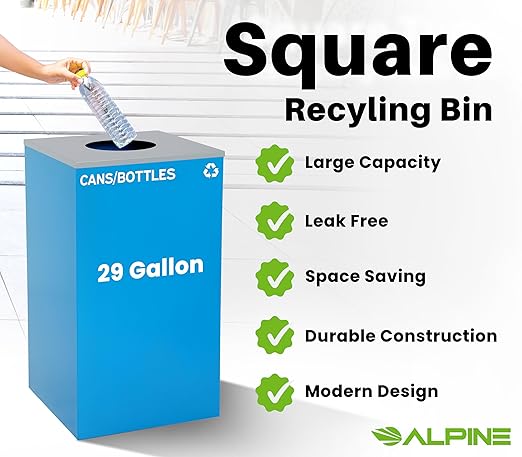 Alpine Commercial Indoor Recycle Bin with Lid - 29 Gallon Blue Recycle Bin Recycle Trash Can Office Recycling Bins, Metal Recycling Container with Stickers & 3 Optional Lids Sold Separately-DeskLoop Office