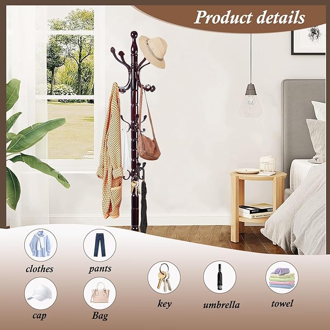 Wooden Coat Rack Freestanding, Vintage Coat Racks with Sturdy Round Base, Adjustable Height 37.40"-72.83" Entrance Coat Rack for Bedroom Living Room Entryway (Rosewood Ruyi Hook)-DeskLoop Office