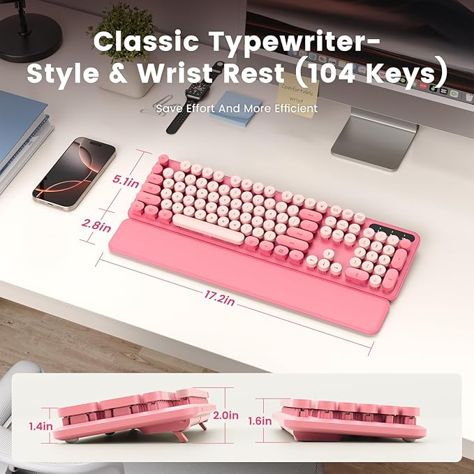 Wireless Keyboard, Round Keycaps, Retro Typewriter Keyboard with Detachable Wrist Rest, Sleep Mode, Foldable Legs, 2.4GHz Full-size Cordless Computer Keyboard for Windows/PC/Laptop (Baby Pink)-DeskLoop Office