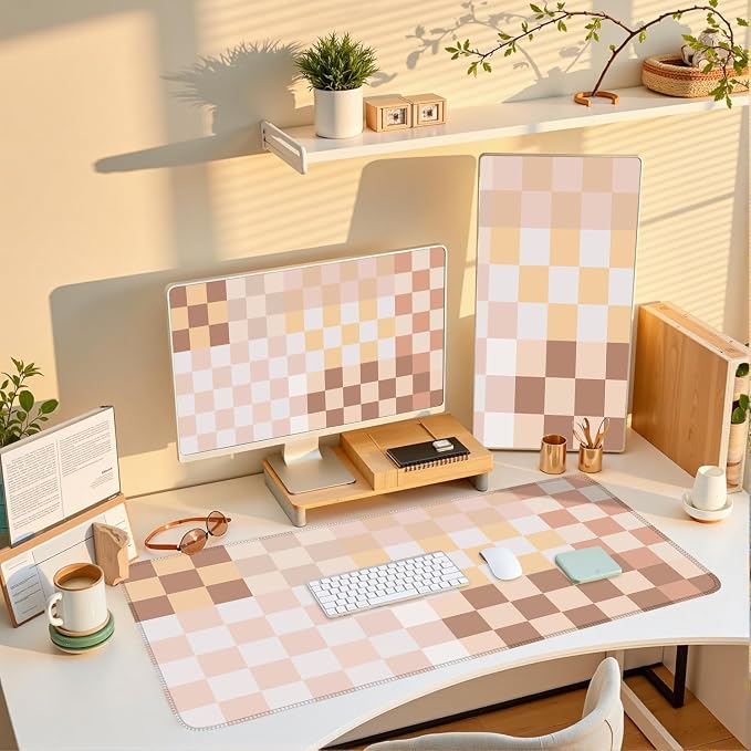 Checkered Boho Desk Mat Beige Pink Mouse Pad XXL Pastel Retro Large Mouse Pad - Image 9