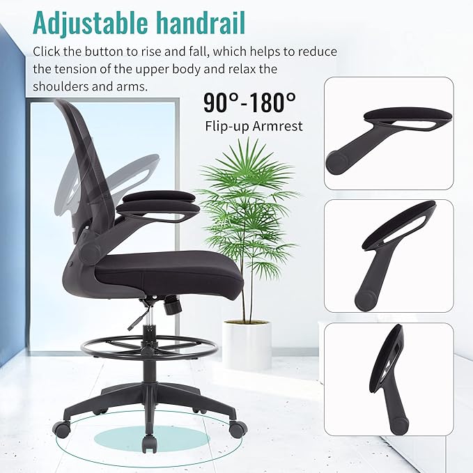 BestOffice Drafting Chair Tall Office Chair with Adjustable Foot Ring and Flip-Up Arms Computer Standing Desk Chair Executive Rolling Swivel Chair for Office & Home-DeskLoop Office