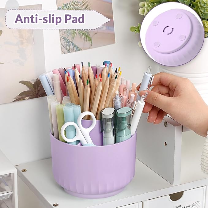 SKYDUE 360 Degree Rotating Desk Organizer, Dual-Purpose Pencil Pen Holder for Desktop, Rotating Desk Pen Organizer with 5 Slots Purple-DeskLoop Office