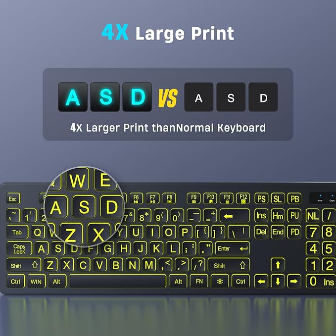 Large Print Backlit Wireless Keyboard, 2.4G Silent Wireless Light Up Keyboard, Full Size Computer Keyboards with 7 Colored Backlits, Rechargeable Keyboards for Windows, PC, Laptop-DeskLoop Office