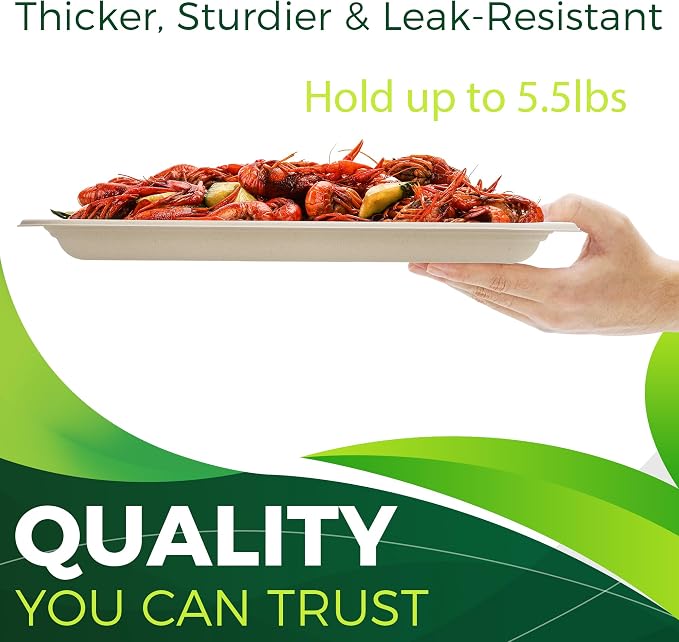 50 Pack Brown 14" Heavy Duty Disposable Rectangle Food Trays, Compostable Extra - Image 4