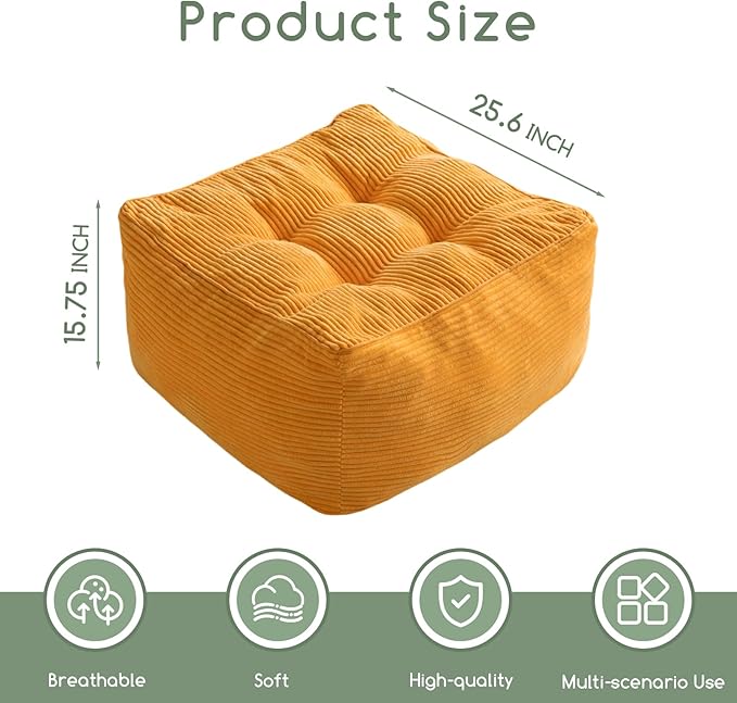 HIGOGOGO Square Stuffed Pouf Ottoman, Corduroy Poufs with Foam Chunk Filling, Furry and Fluffy Pouf Foot Stool Storage Ottoman, 25.6 X 25.6 Floor Poufs Foot Rest for Living Room, Orange-DeskLoop Office