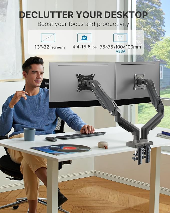 HUANUO Dual Monitor Stand - Full Adjustable Monitor Desk Mount Swivel Vesa Bracket with C Clamp, Grommet Mounting Base for 13 to 32 Inch Computer Screens - Each Arm Holds 4.4 to 19.8lbs -Grey-DeskLoop Office