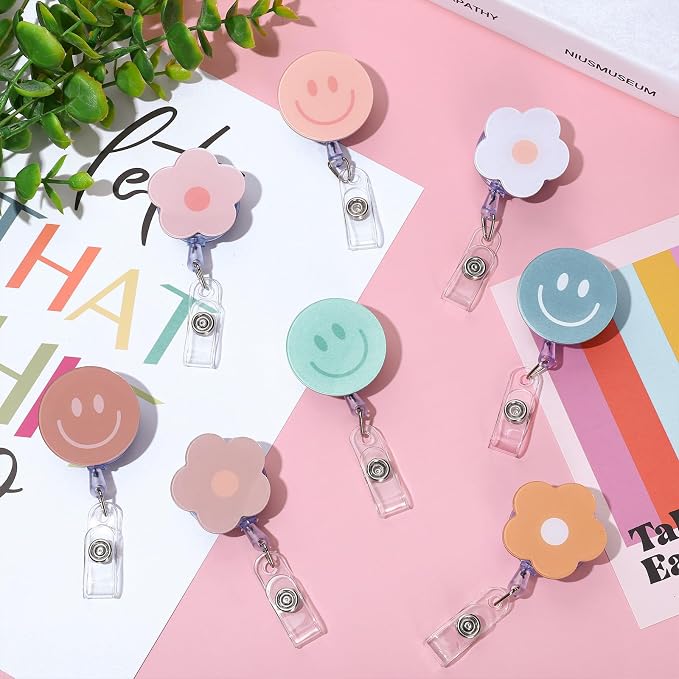 Whaline 8Pcs Light Boho Flower and Smile Acrylic Retractable Badge Holder - Image 4