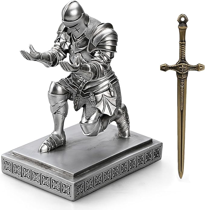 Medieval Armored Warrior Knight Pen Holder Desk Organizers and Accessories Resin Pencil Holder Paperweight as Gift with a Cool Letter Opener for Desk (Silver)-DeskLoop Office