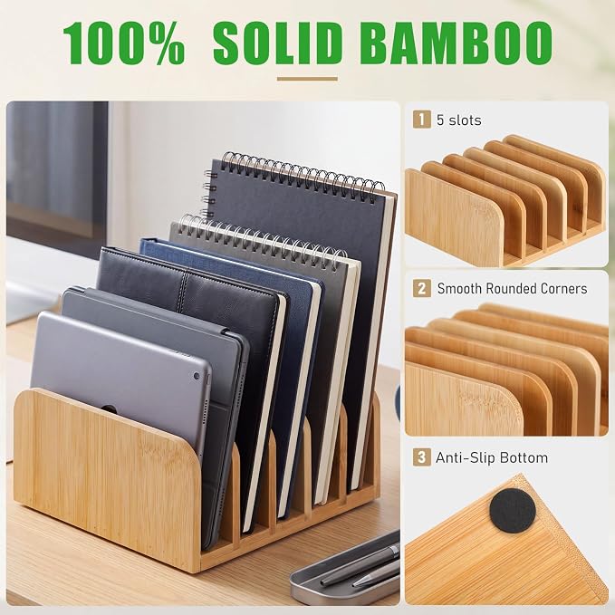 Lineshading Bamboo Letter Organizer, 5 Compartments Desk Mail Organizer - Image 4
