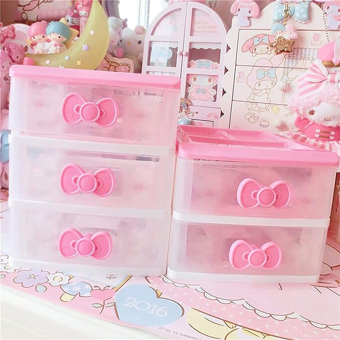 3 Drawers Small Pink Plastic Drawers Organizer, Kawaii Mini Desktop Storage - Image 4