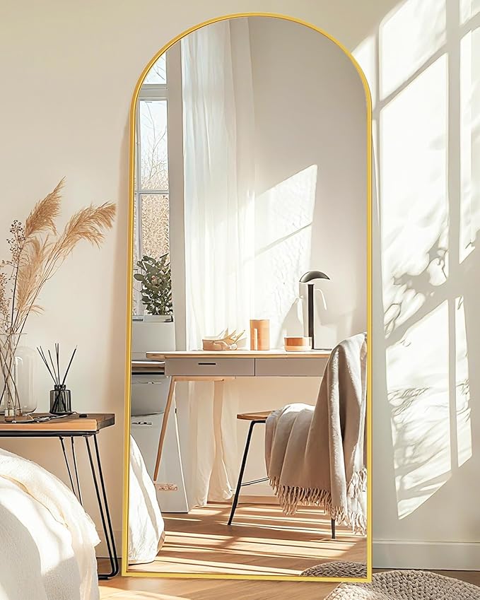 Full-Length Floor Mirror with Stand, 58"x18" Arched Style Full Body Standing Mirror for Bedroom, Living Room, Gym, Dorm - Shatter-Resistant & Easy Assembly, Gold-DeskLoop Office