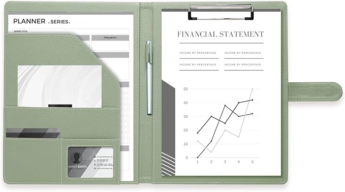 Clipboard Folder Padfolio, Mymazn Writing Portfolio Faux Leather Clipboards with Cover for Legal Pad Holder Letter Size A4 8.5 x 11 for Business Conference Notepad Clip Board (Sage)-DeskLoop Office