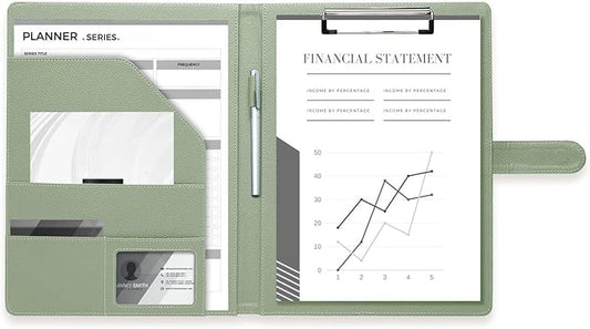 Clipboard Folder Padfolio, Mymazn Writing Portfolio Faux Leather Clipboards with Cover for Legal Pad Holder Letter Size A4 8.5 x 11 for Business Conference Notepad Clip Board (Sage)-DeskLoop Office