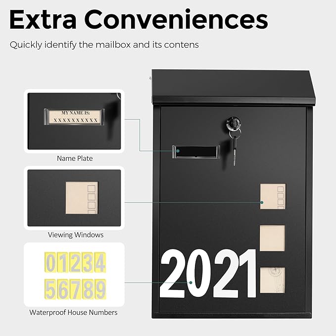LAND·VOI Wall Mounted Mailbox with 4 Keys, Post Box for Wall and Fence, Viewing Windows, Nameplate, 3.94 x 9.8 x 15.6 Inches, Large Capacity, Includes Mailbox Numbers, Matt Black, AMB31B-DeskLoop Office