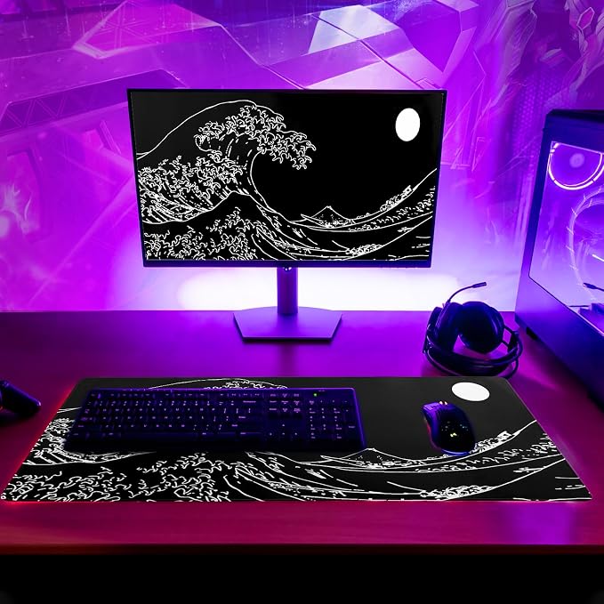 Japanese Sea Wave Gaming Mouse Pad 27.6x11.8 Inch Anime Black Large Mousepad - Image 6