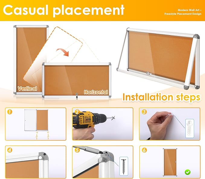 SWANCROWN Lockable Noticeboard Wall-Mounted Bulletin Pin Cork Boards Message Board with Aluminium Frame 28x14 inch-DeskLoop Office