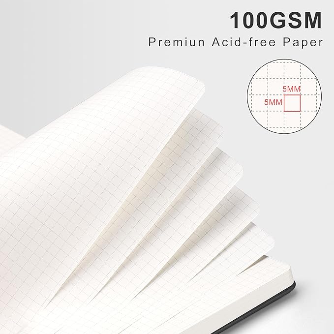 RETTACY Graph Grid Paper Notebook, 110 Pages, A4 Large Size (8.5'' × 11''), 5 Squares per Inch, Leather Hardcover, 100 GSM Thick Paper, for School, Students, Math, Engineering (Black)-DeskLoop Office