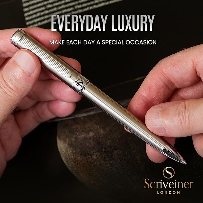 Scriveiner Stainless Steel Ballpoint Pen - Stunning Luxury Pen with Stainless Steel Finish, Schmidt Black Refill, Best Ball Pen Gift Set for Men & Women, Professional, Executive, Office, Nice Pens-DeskLoop Office