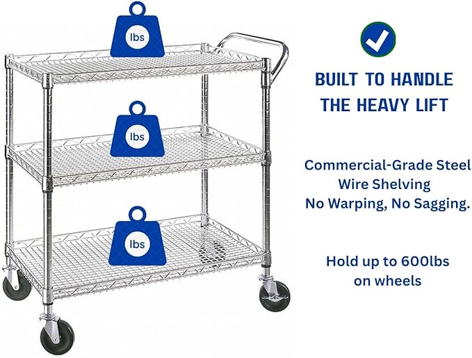 Heavy Duty 3 Tier Rolling Utility Kitchen Cart on Wheels, Large 45"L x 17 1/2"D - Image 4