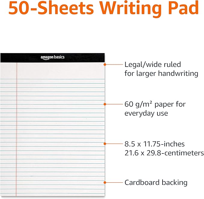 Amazon Basics Wide Ruled Lined Writing Note Pads, 8.5 inch x 11.75 inch, White, 12 Count (12 Pack of 50)-DeskLoop Office