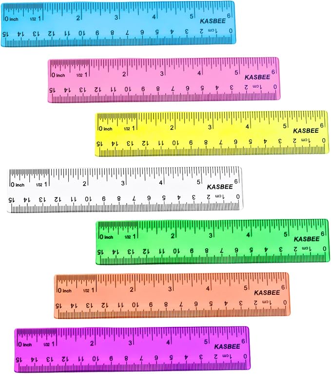 6 Inch Rulers, Colored Clear Rulers, Centimeters and Inches, Plastic Ruler by KASBEE