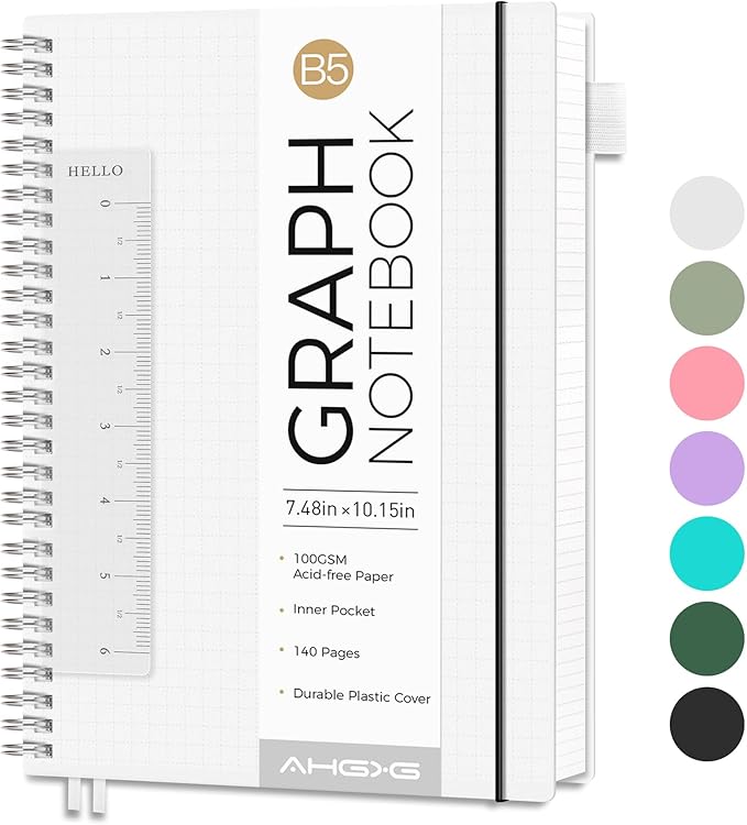 AHGXG Graph Paper Notebook - Spiral Notebook Journal 7.6" x 10", B5 Large Graph Notebook, 140 Pages, 100 gsm Thick Grid Paper, Waterproof Plastic Cover, for School Writing Engineering, Transparent-DeskLoop Office