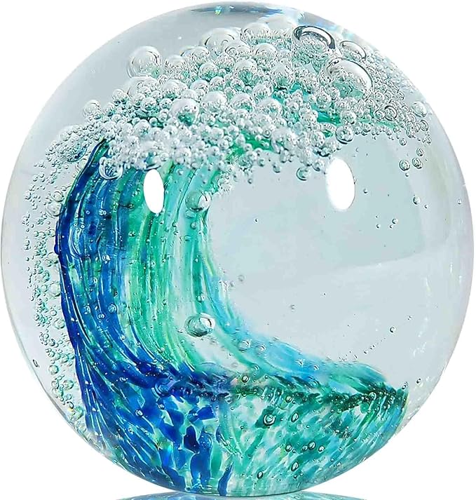 Hand Blown Ocean Wave Glass Paperweight by HandBlownGlassArt