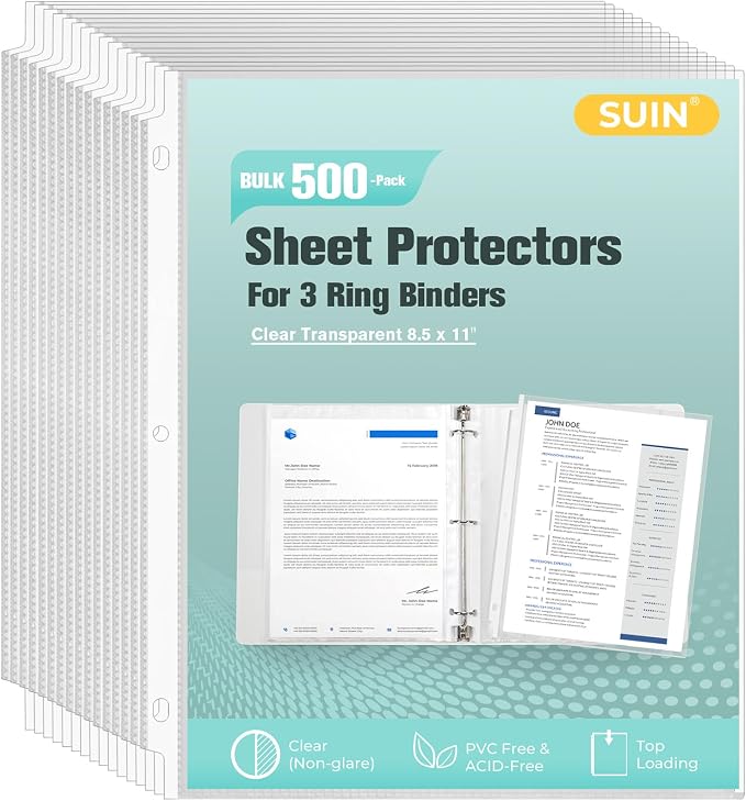 SUIN Sheet Protectors 500 Pack, Reinforced 3 Hole Plastic Binder Sleeves by SuinOffice