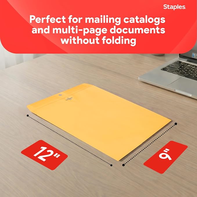 Staples 9 x 12 Kraft Clasp & Moistenable Envelopes, Heavyweight Document Mailers - Image 3