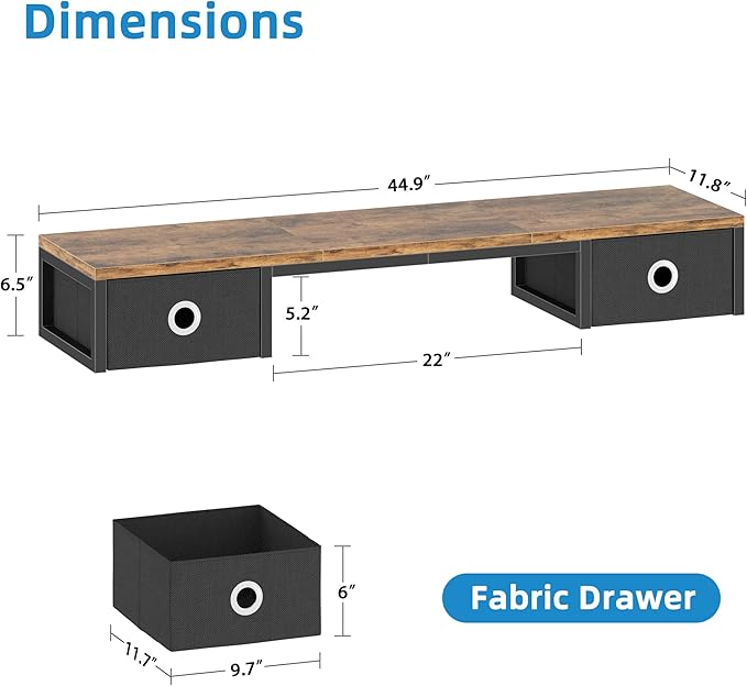 45" Large TV Riser with Fabric Drawers for 32-60 inch TV, TV Stand Riser with Steel Legs, Tabletop TV Riser Shelf, Monitor Stand Riser for Home Office, Rustic Brown-DeskLoop Office