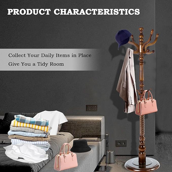 Coat Racks FreeStanding with 11 Hooks, Natural Wood Coat Rack with Solid Round Base, Adjustable Height Coat Racks, Easy Assembly for Hallway, Bedroom and Office (Walnut-Solid Round Base)-DeskLoop Office