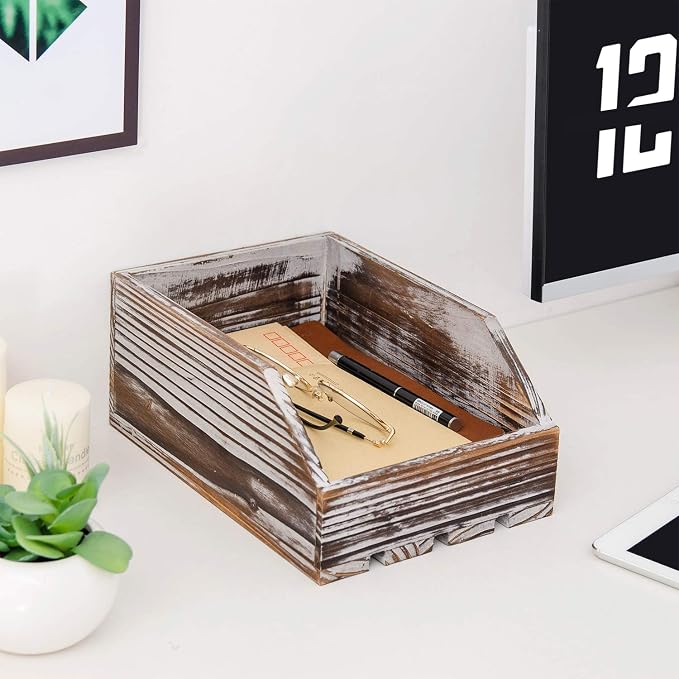 Torched Wood Paper Nesting Tray Stackable Document Storage Crate File Organizer - Image 5