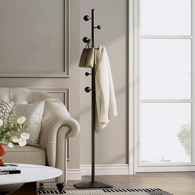 Metal coat rack stand with geometric shape metal base,Heavy duty coat rack freestanding with 7 ball hooks,Coat racks tree hats hanger holder stand for entryway, hallway, bedroom-DeskLoop Office
