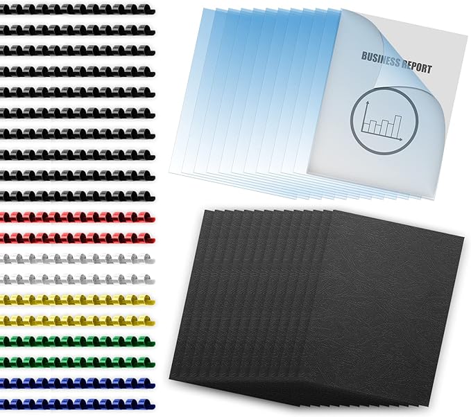 HOUYEE Binding Covers and Combs Set, 8.5x11 Inches, Including 50 Pcs Leather Texture Paper Binding Covers, 50 Pcs 8 Mil Clear PVC Sheets and 20 Pcs Assorted Combs-DeskLoop Office