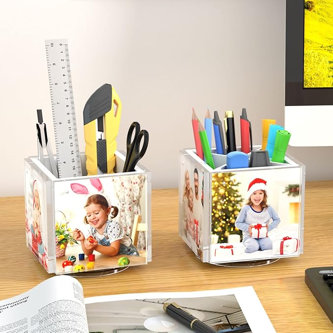 HIIMIEI Acrylic Rotating Pen Holder for Desk, Pencil Holder Picture Frame Holds 4 Family Photos of 4"x4", Desk Pen holder Organizer for Office, Classroom, Home, Kids (White)-DeskLoop Office