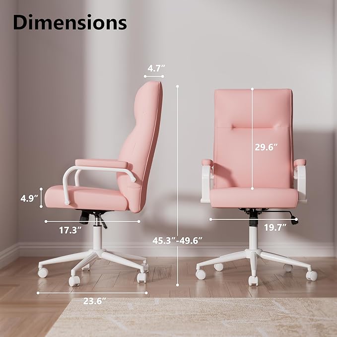 Pink Desk Chair, High Back Leather Executive Office Chair for Girl and Women, Adjustable Height Computer Desk Chairs with Wheels and Arms-DeskLoop Office