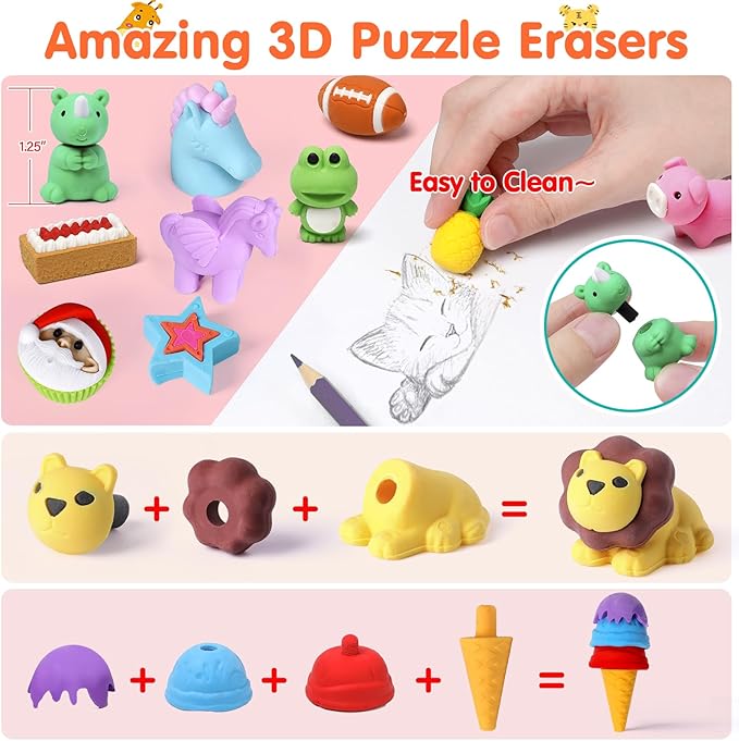 120 Pack Animal Pencil Erasers for Kids, 3D Mini Puzzle Take Apart Erasers, Desk Pets & Treasure Box Toys, Bulk Party Favors, Classroom Prizes, School Supplies, Gift for Boys & Girls-DeskLoop Office