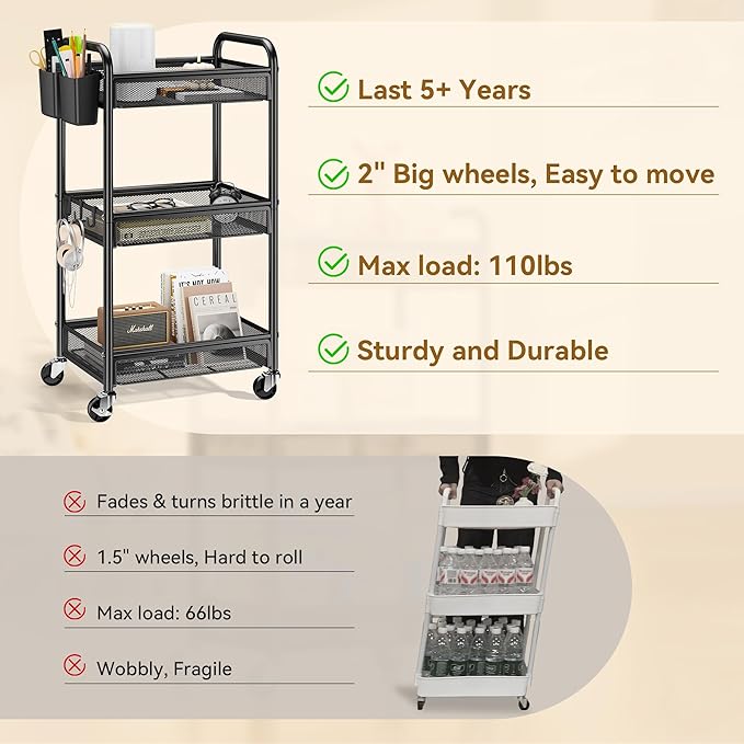 YASONIC 3 Tier Rolling Cart – Metal Utility Storage Carts - Image 3