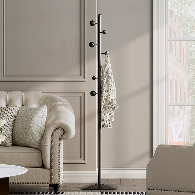 Metal coat rack stand with geometric shape metal base,Heavy duty coat rack freestanding with 7 ball hooks,Coat racks tree hats hanger holder stand for entryway, hallway, bedroom-DeskLoop Office
