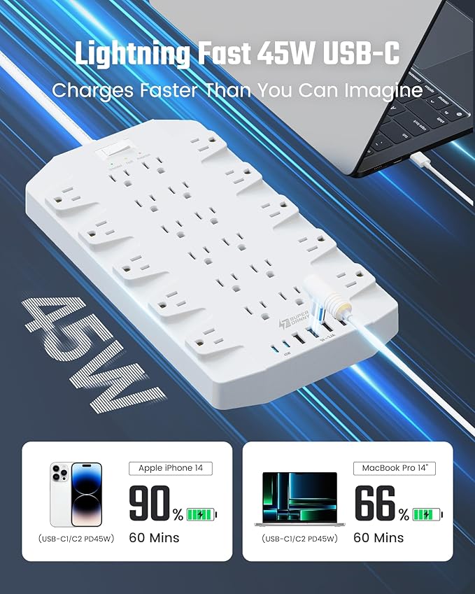 45W Power Strip Surge Protector with PD USB-C, SUPERDANNY 1875W/15A, 2100J, 6.5ft Flat Plug Mountable Extension Cord with 22 Outlet+6 USB Port, Fast Charging for Home,Office,Dorm,Gaming,PC,Streaming-DeskLoop Office