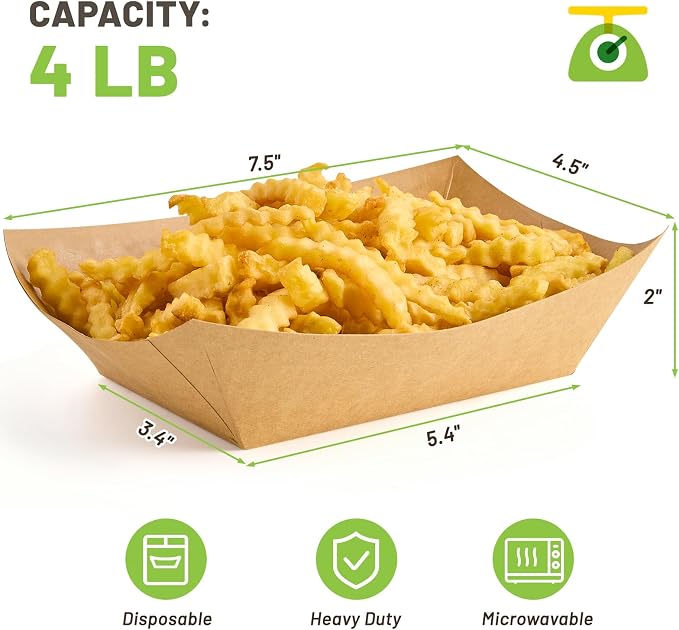 ZORRITA Large Paper Food Trays, 4 LB, 100 Pack, Disposable | Kraft Food Boats - Image 2