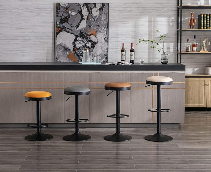 Round Swivel Counter Height Bar Stools Set of 4 Modern Adjustable Barstools Backless PU Leather Bar Chairs Industrial Island Chairs with Metal Base/Footrest for Kitchen Island/Pub/Bar, Grey-DeskLoop Office
