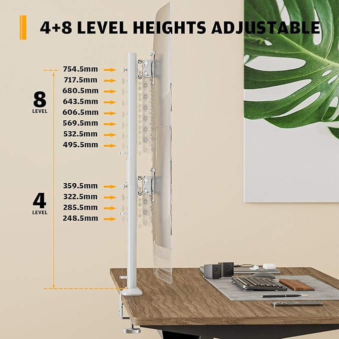 Dual Monitor Articulating Desk Mount Arm Stand - Vertical Stack Screen Supports Two 13 to 34 Inch Computer Monitors with C Clamp White-DeskLoop Office