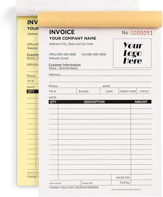 100 Sets Custom 5.7" X 8.5" Invoice Receipt Book, Personalized Duplicate by Custom
